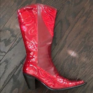 Red sequined heeled cowgirl boots
